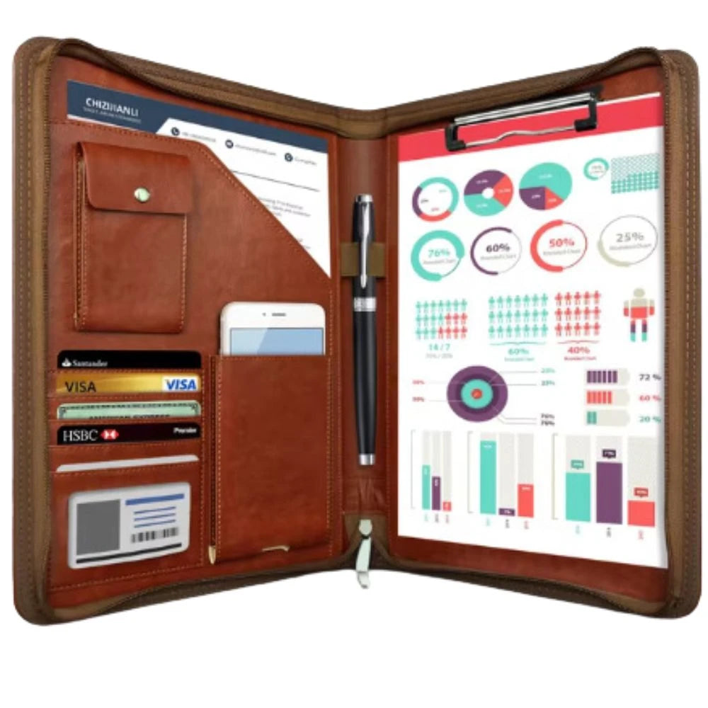 Toplive Conférencier A4 En Cuir Avec Porte-Bloc - Organisateur Professionnel Noir Pour Homme Et Femme