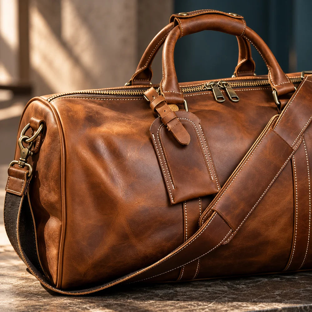 Gros plan des coutures, fermetures et attaches d'un sac de voyage marron
