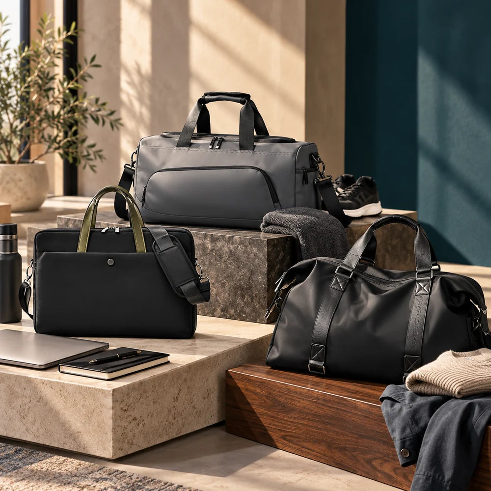Trois sacs Mon Sacoche pour le bureau, le sport et les voyages courts, disposés dans un studio élégant